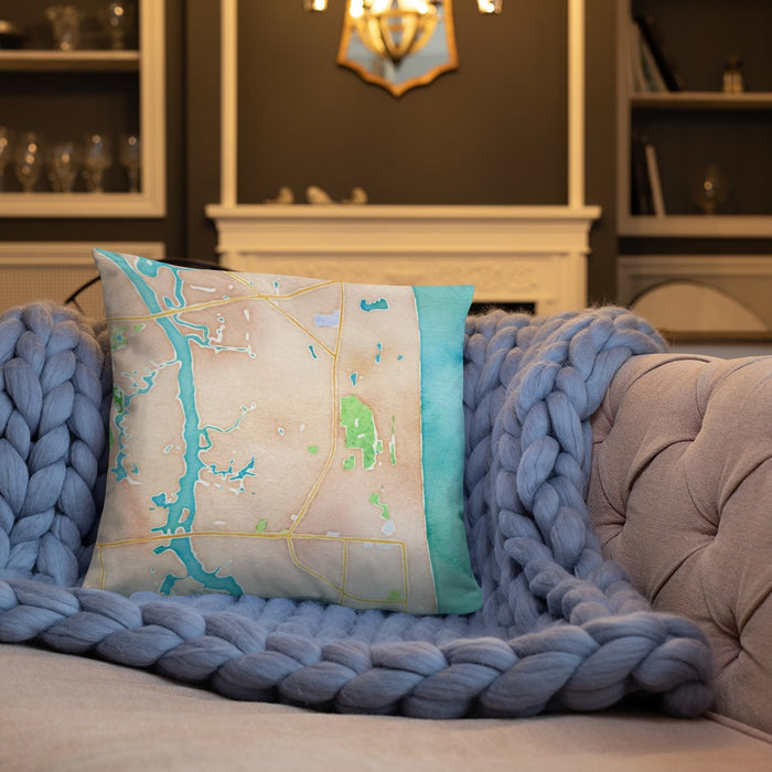 Custom Atlantic Beach Florida Map Throw Pillow in Watercolor on Cream Colored Couch