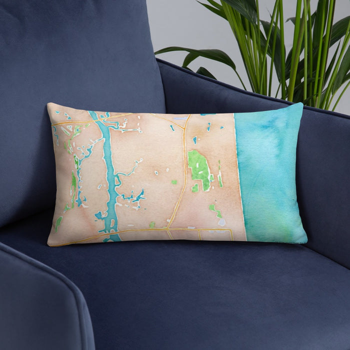 Custom Atlantic Beach Florida Map Throw Pillow in Watercolor on Blue Colored Chair