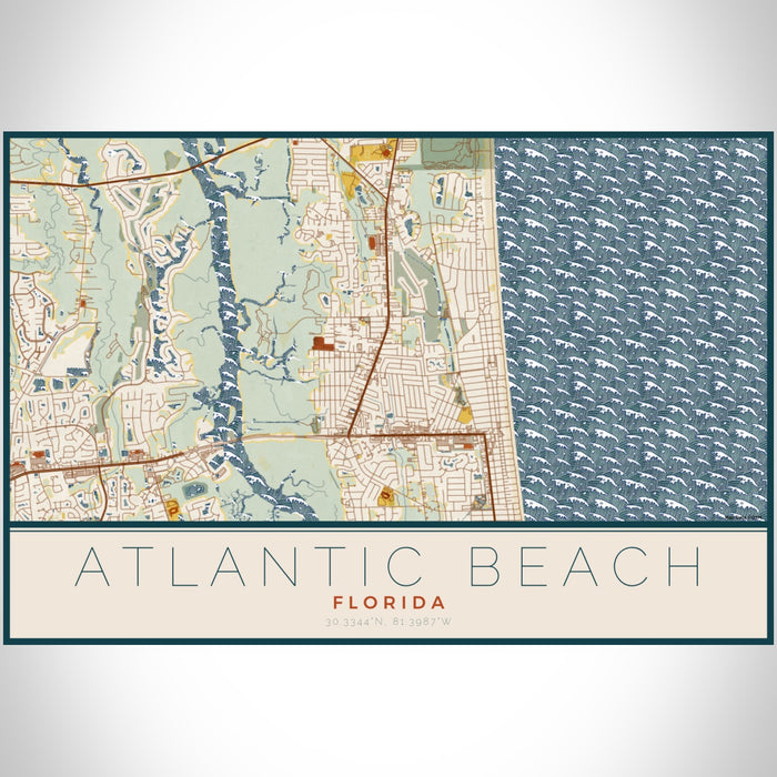 Atlantic Beach Florida Map Print Landscape Orientation in Woodblock Style With Shaded Background