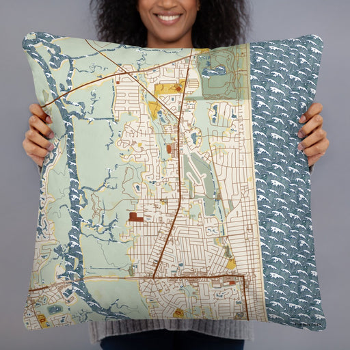 Person holding 22x22 Custom Atlantic Beach Florida Map Throw Pillow in Woodblock