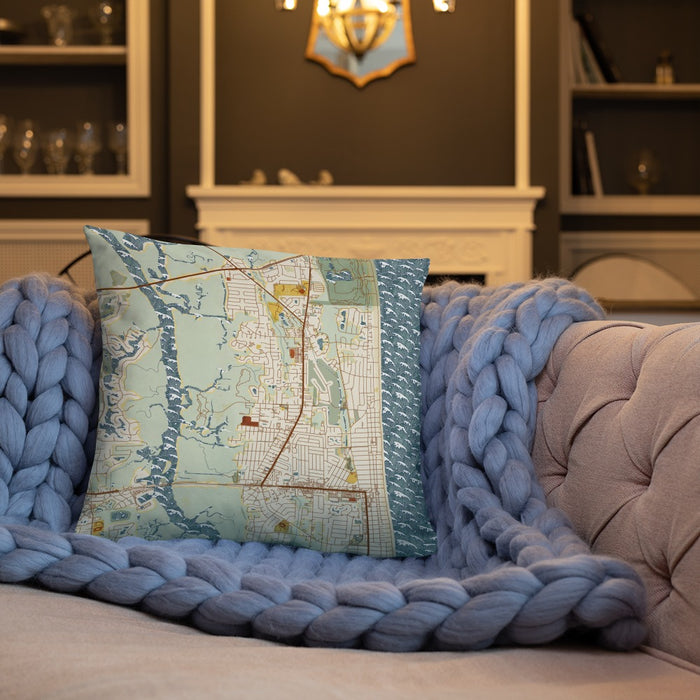 Custom Atlantic Beach Florida Map Throw Pillow in Woodblock on Cream Colored Couch