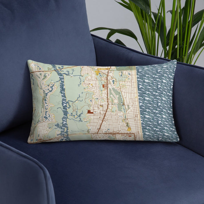 Custom Atlantic Beach Florida Map Throw Pillow in Woodblock on Blue Colored Chair