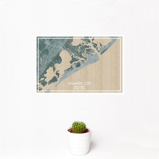 12x18 Atlantic City New Jersey Map Print Landscape Orientation in Afternoon Style With Small Cactus Plant in White Planter