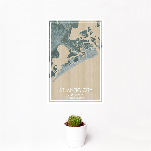 12x18 Atlantic City New Jersey Map Print Portrait Orientation in Afternoon Style With Small Cactus Plant in White Planter