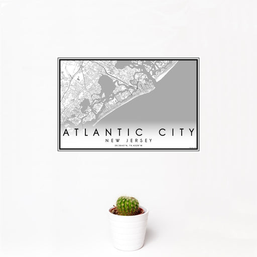 12x18 Atlantic City New Jersey Map Print Landscape Orientation in Classic Style With Small Cactus Plant in White Planter