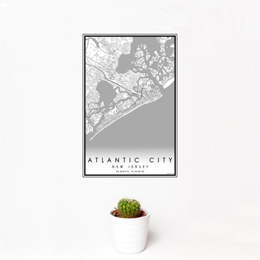 12x18 Atlantic City New Jersey Map Print Portrait Orientation in Classic Style With Small Cactus Plant in White Planter