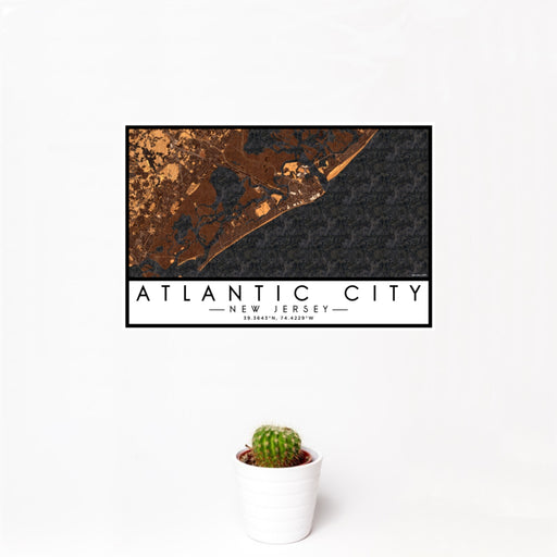 12x18 Atlantic City New Jersey Map Print Landscape Orientation in Ember Style With Small Cactus Plant in White Planter
