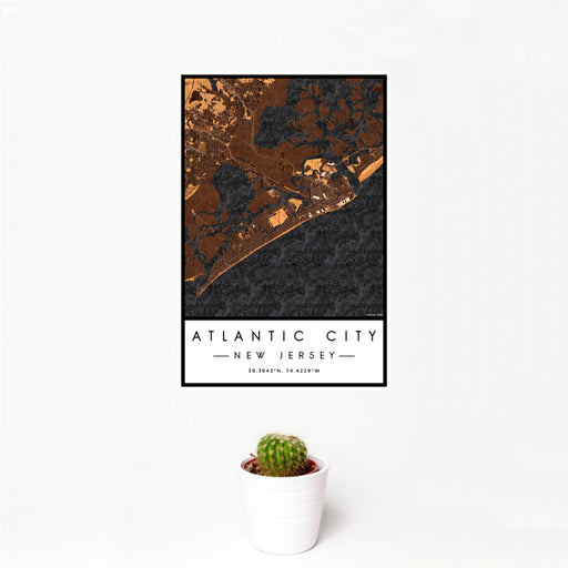 12x18 Atlantic City New Jersey Map Print Portrait Orientation in Ember Style With Small Cactus Plant in White Planter