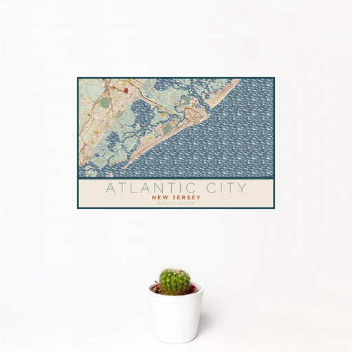 12x18 Atlantic City New Jersey Map Print Landscape Orientation in Woodblock Style With Small Cactus Plant in White Planter