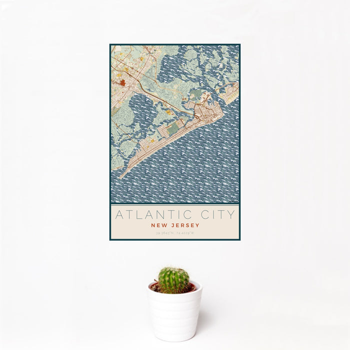 12x18 Atlantic City New Jersey Map Print Portrait Orientation in Woodblock Style With Small Cactus Plant in White Planter