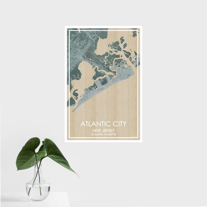 16x24 Atlantic City New Jersey Map Print Portrait Orientation in Afternoon Style With Tropical Plant Leaves in Water