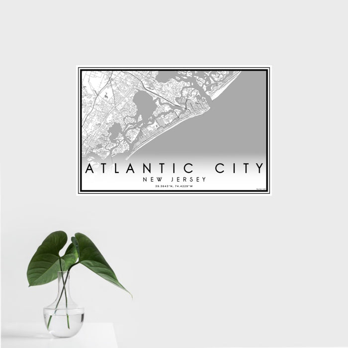 16x24 Atlantic City New Jersey Map Print Landscape Orientation in Classic Style With Tropical Plant Leaves in Water