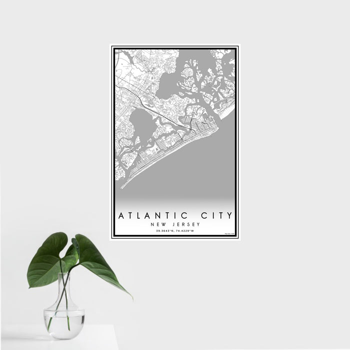 16x24 Atlantic City New Jersey Map Print Portrait Orientation in Classic Style With Tropical Plant Leaves in Water