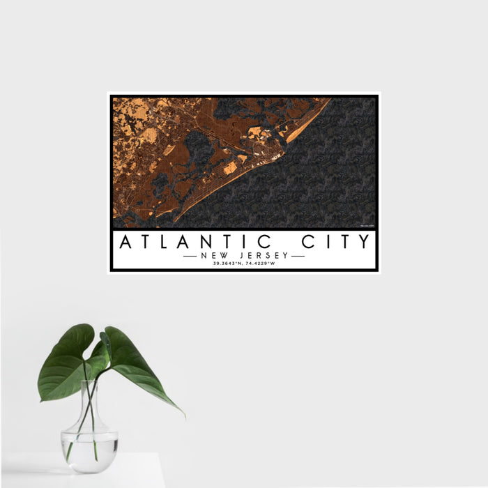 16x24 Atlantic City New Jersey Map Print Landscape Orientation in Ember Style With Tropical Plant Leaves in Water