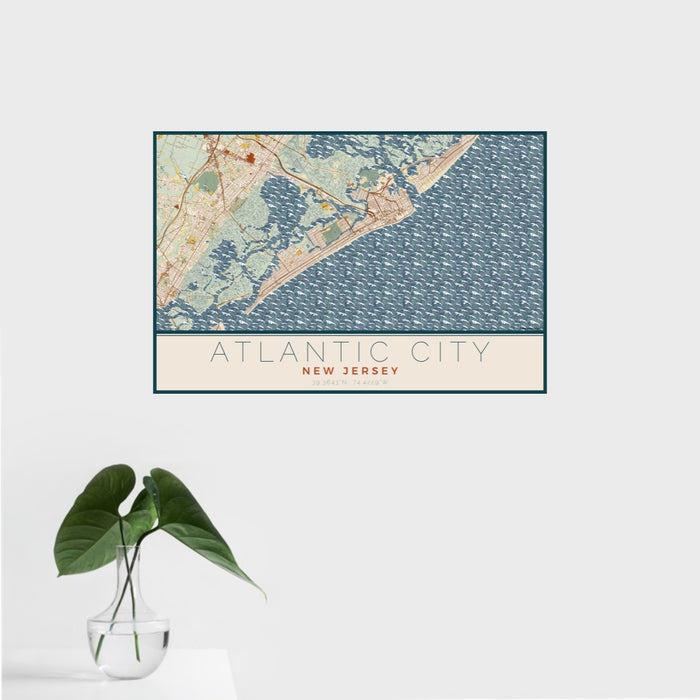 16x24 Atlantic City New Jersey Map Print Landscape Orientation in Woodblock Style With Tropical Plant Leaves in Water