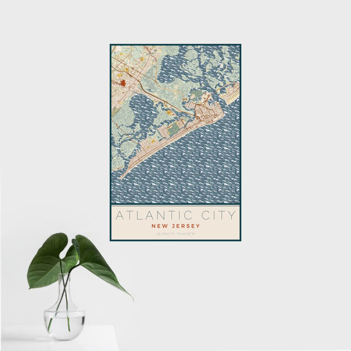 16x24 Atlantic City New Jersey Map Print Portrait Orientation in Woodblock Style With Tropical Plant Leaves in Water