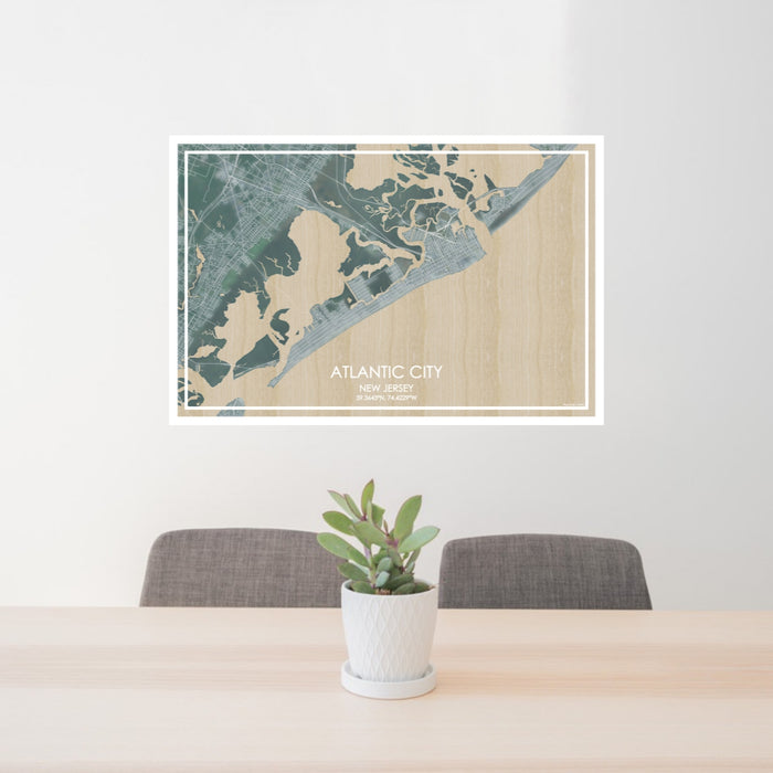 24x36 Atlantic City New Jersey Map Print Lanscape Orientation in Afternoon Style Behind 2 Chairs Table and Potted Plant