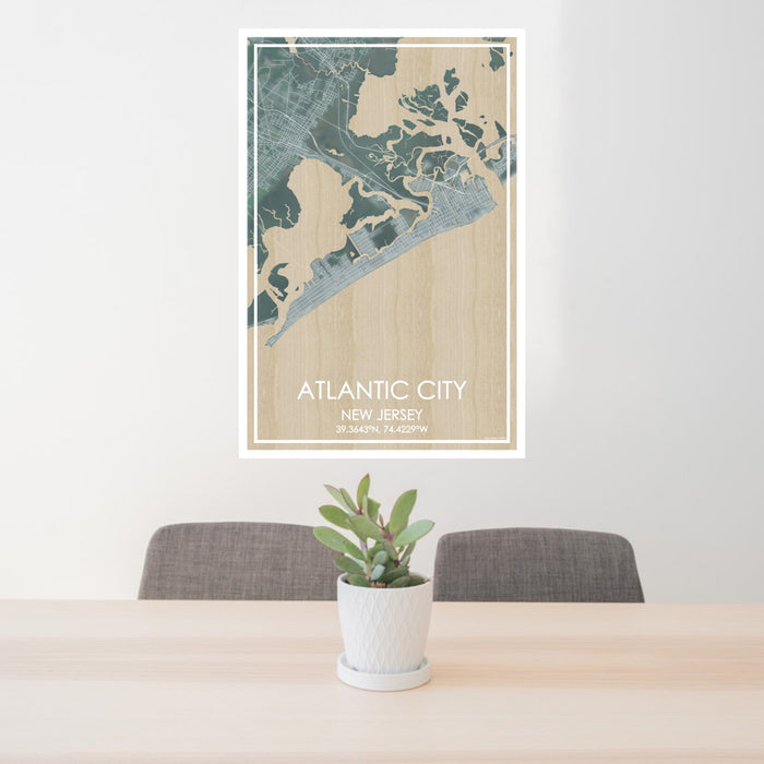 24x36 Atlantic City New Jersey Map Print Portrait Orientation in Afternoon Style Behind 2 Chairs Table and Potted Plant
