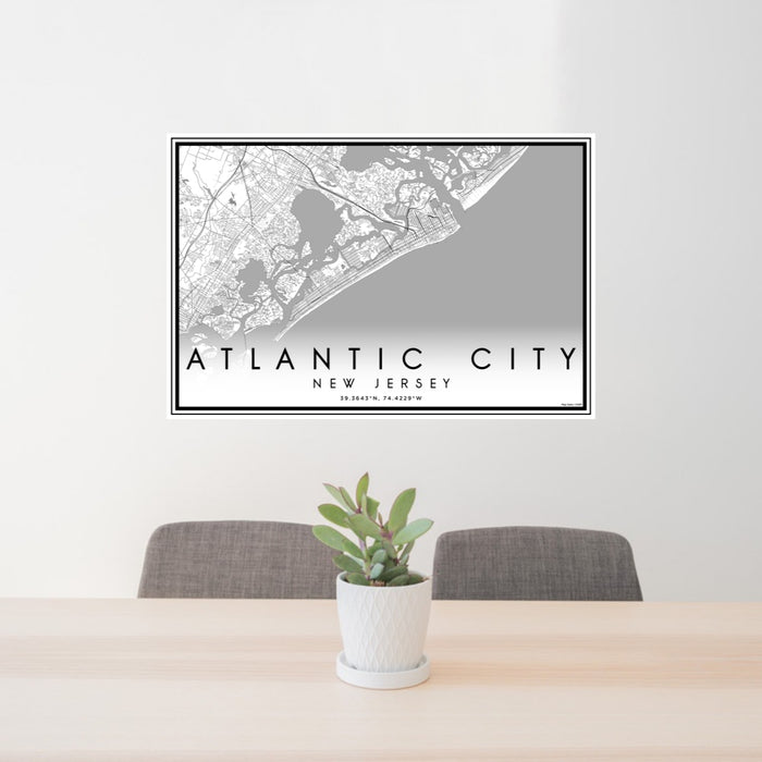 24x36 Atlantic City New Jersey Map Print Lanscape Orientation in Classic Style Behind 2 Chairs Table and Potted Plant