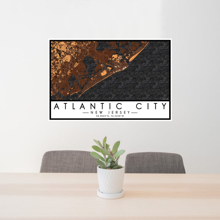 24x36 Atlantic City New Jersey Map Print Lanscape Orientation in Ember Style Behind 2 Chairs Table and Potted Plant