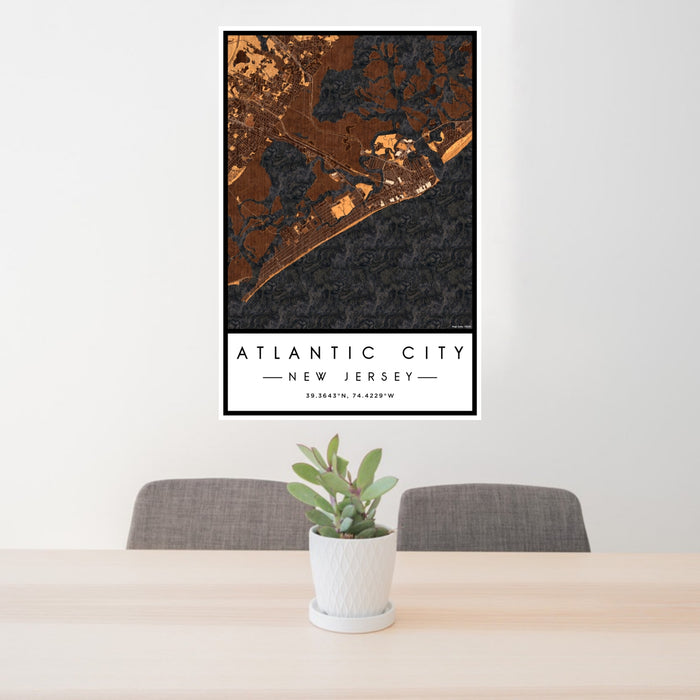 24x36 Atlantic City New Jersey Map Print Portrait Orientation in Ember Style Behind 2 Chairs Table and Potted Plant