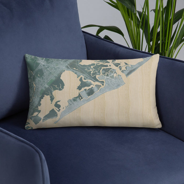 Custom Atlantic City New Jersey Map Throw Pillow in Afternoon on Blue Colored Chair