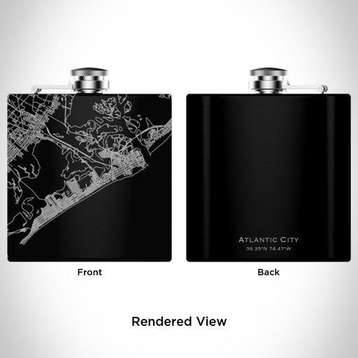 Rendered View of Atlantic City New Jersey Map Engraving on 6oz Stainless Steel Flask in Black