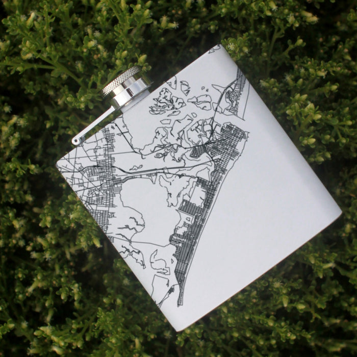 Atlantic City New Jersey Custom Engraved City Map Inscription Coordinates on 6oz Stainless Steel Flask in White