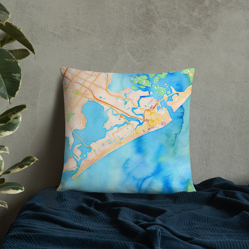Custom Atlantic City New Jersey Map Throw Pillow in Watercolor on Bedding Against Wall