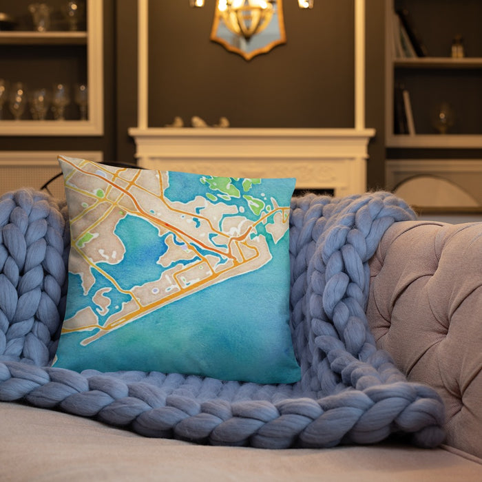 Custom Atlantic City New Jersey Map Throw Pillow in Watercolor on Cream Colored Couch