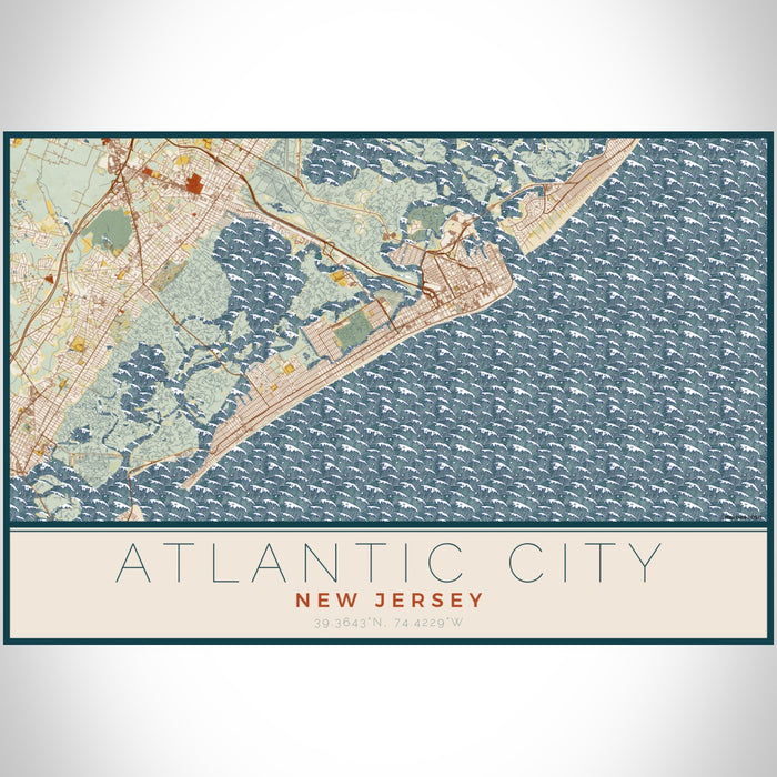 Atlantic City New Jersey Map Print Landscape Orientation in Woodblock Style With Shaded Background
