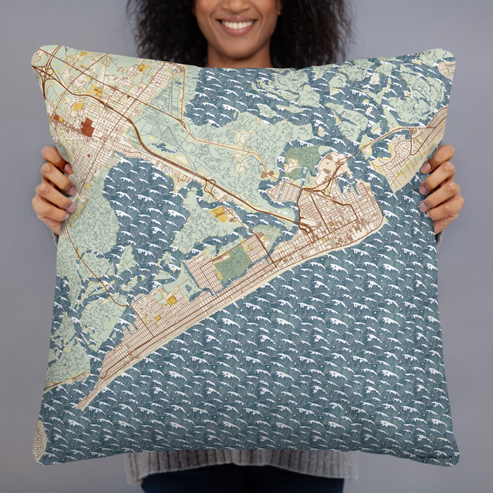 Person holding 22x22 Custom Atlantic City New Jersey Map Throw Pillow in Woodblock