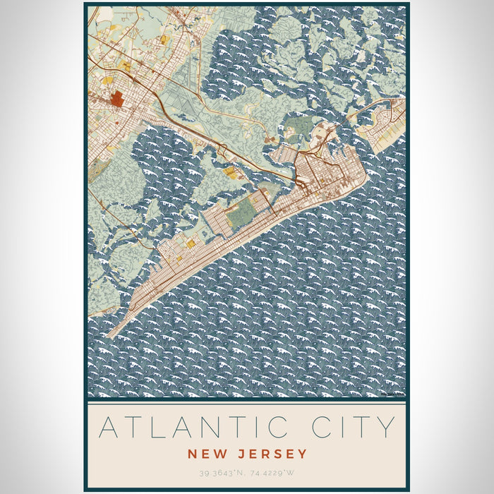Atlantic City New Jersey Map Print Portrait Orientation in Woodblock Style With Shaded Background