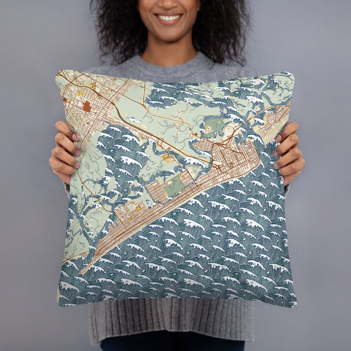 Person holding 18x18 Custom Atlantic City New Jersey Map Throw Pillow in Woodblock