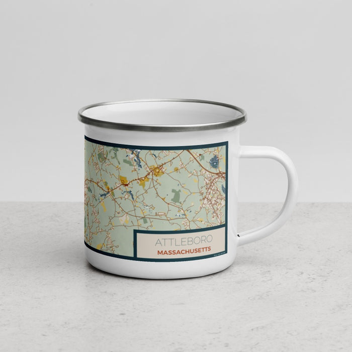 Right View Custom Attleboro Massachusetts Map Enamel Mug in Woodblock