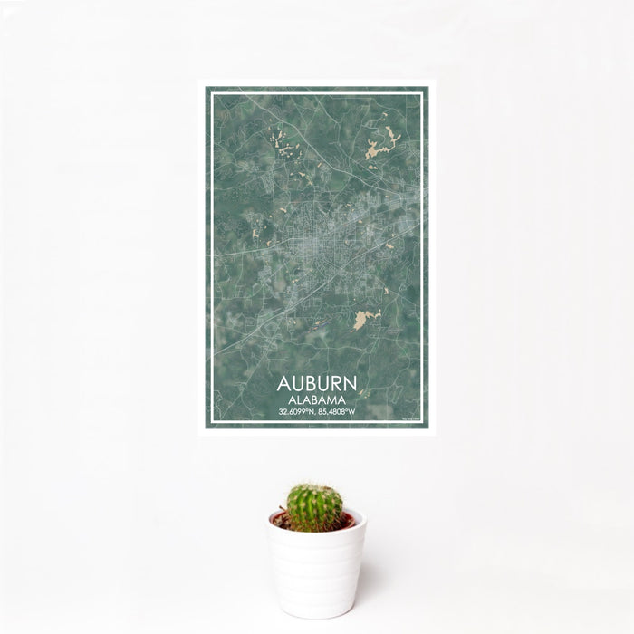 12x18 Auburn Alabama Map Print Portrait Orientation in Afternoon Style With Small Cactus Plant in White Planter