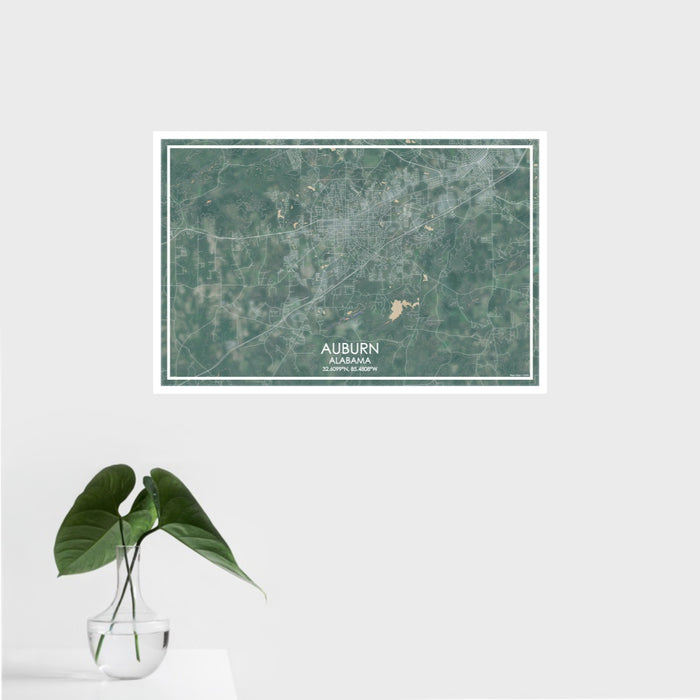 16x24 Auburn Alabama Map Print Landscape Orientation in Afternoon Style With Tropical Plant Leaves in Water