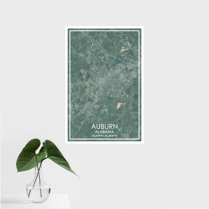 16x24 Auburn Alabama Map Print Portrait Orientation in Afternoon Style With Tropical Plant Leaves in Water
