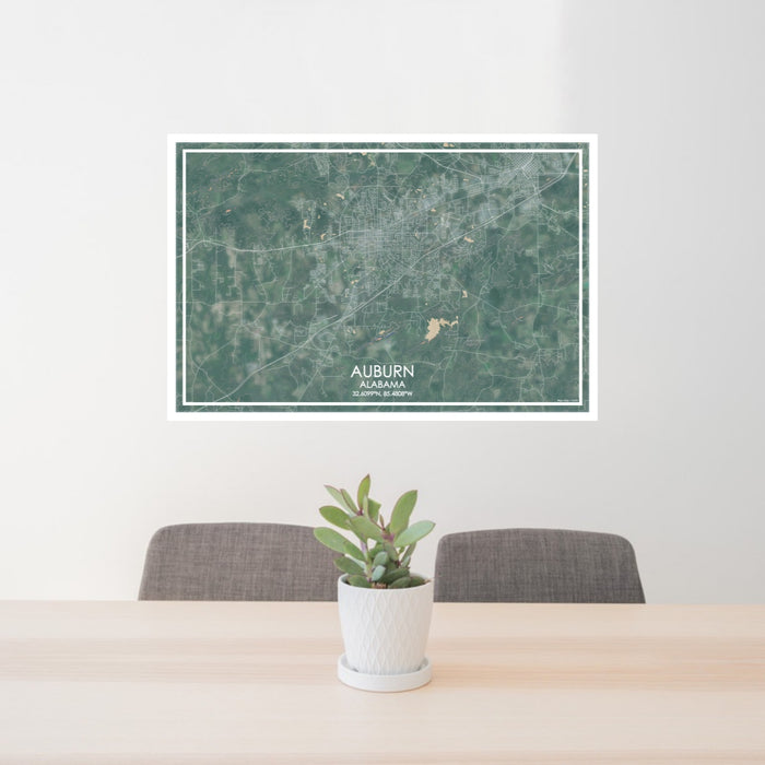 24x36 Auburn Alabama Map Print Lanscape Orientation in Afternoon Style Behind 2 Chairs Table and Potted Plant