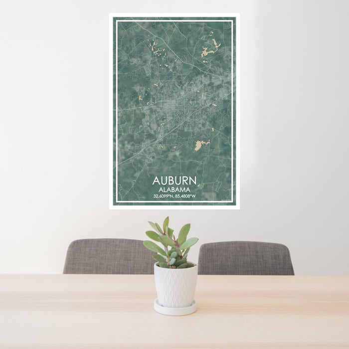 24x36 Auburn Alabama Map Print Portrait Orientation in Afternoon Style Behind 2 Chairs Table and Potted Plant