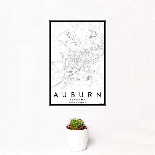 12x18 Auburn Alabama Map Print Portrait Orientation in Classic Style With Small Cactus Plant in White Planter
