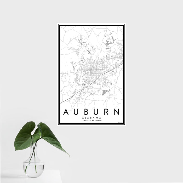16x24 Auburn Alabama Map Print Portrait Orientation in Classic Style With Tropical Plant Leaves in Water