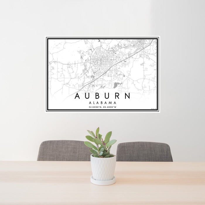 24x36 Auburn Alabama Map Print Landscape Orientation in Classic Style Behind 2 Chairs Table and Potted Plant