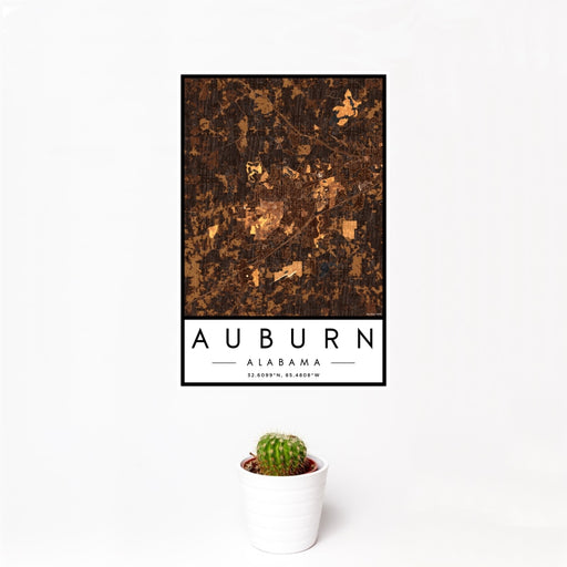 12x18 Auburn Alabama Map Print Portrait Orientation in Ember Style With Small Cactus Plant in White Planter