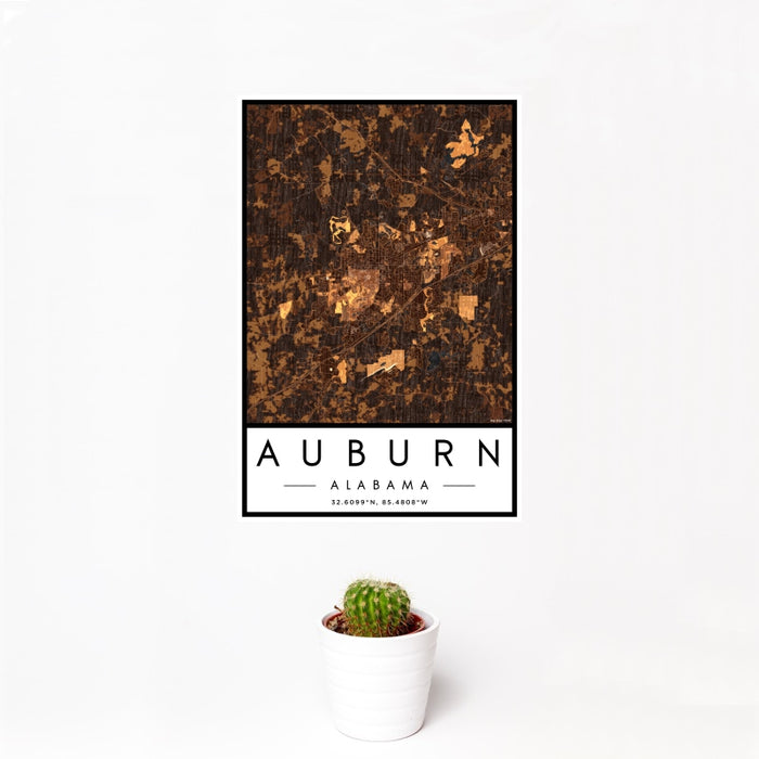 12x18 Auburn Alabama Map Print Portrait Orientation in Ember Style With Small Cactus Plant in White Planter