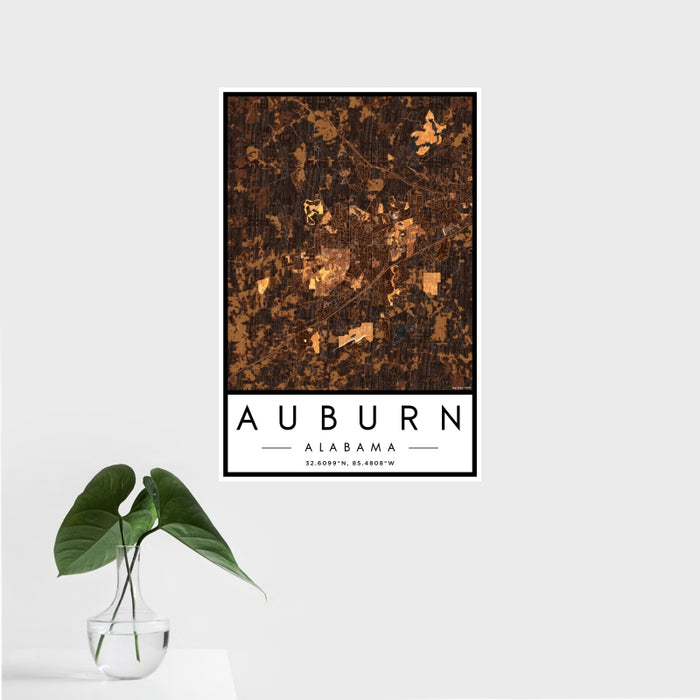 16x24 Auburn Alabama Map Print Portrait Orientation in Ember Style With Tropical Plant Leaves in Water