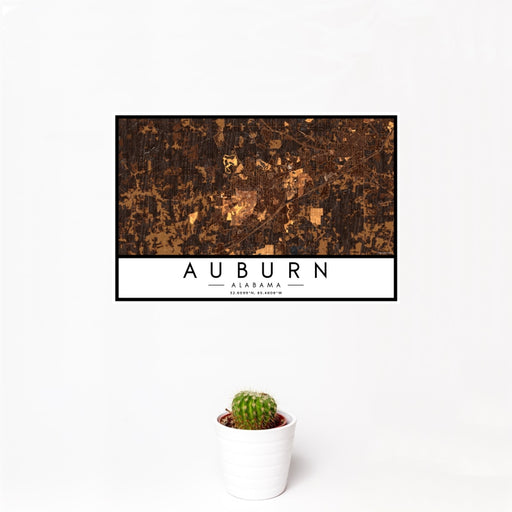 12x18 Auburn Alabama Map Print Landscape Orientation in Ember Style With Small Cactus Plant in White Planter