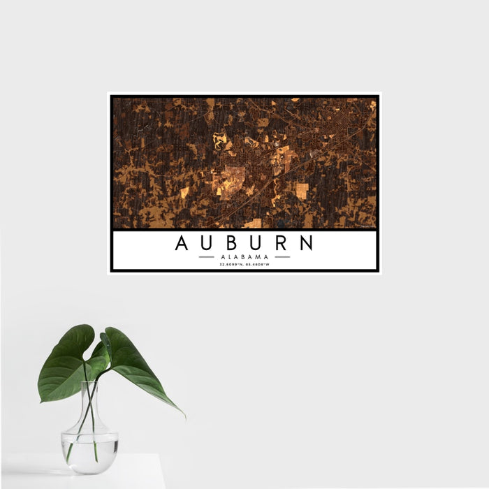 16x24 Auburn Alabama Map Print Landscape Orientation in Ember Style With Tropical Plant Leaves in Water