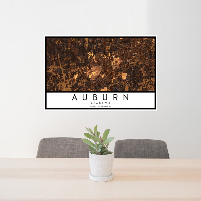 24x36 Auburn Alabama Map Print Landscape Orientation in Ember Style Behind 2 Chairs Table and Potted Plant