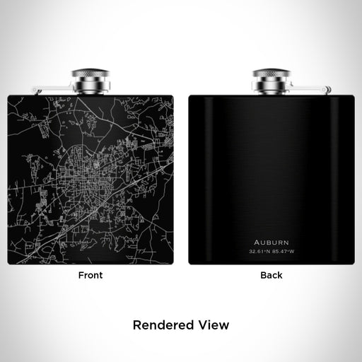 Rendered View of Auburn Alabama Map Engraving on 6oz Stainless Steel Flask in Black